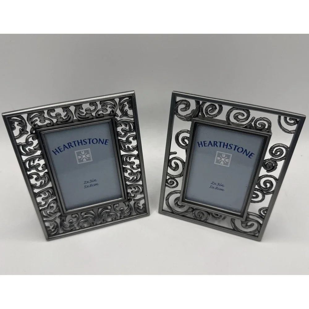 Hearthstone Metal Picture Frame Lot 2 Scrollwork Silver Tone 2x3 Photo Frames